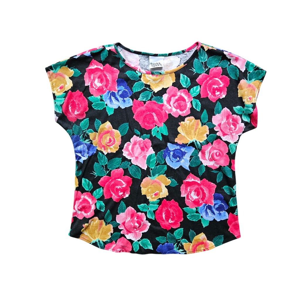 Teddi Sport Vintage 90s Floral Rose Print Short Sleeve Tee Black Multi Medium